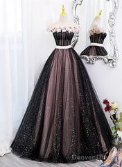Black And Pink Tulle With Flowers Off Shoulder Party Dress, Tulle Sweet 16 Dress