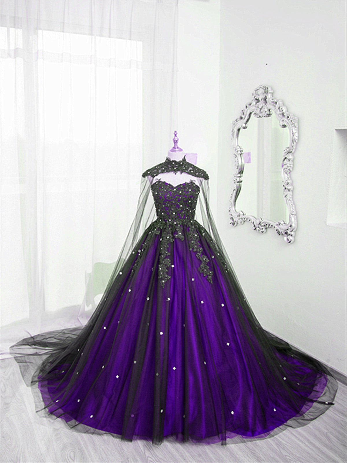 Black And Purple Beaded Tulle Ball Gowns Sweet 16 Dress, Black And Purple Prom Dresses With Cap Main image