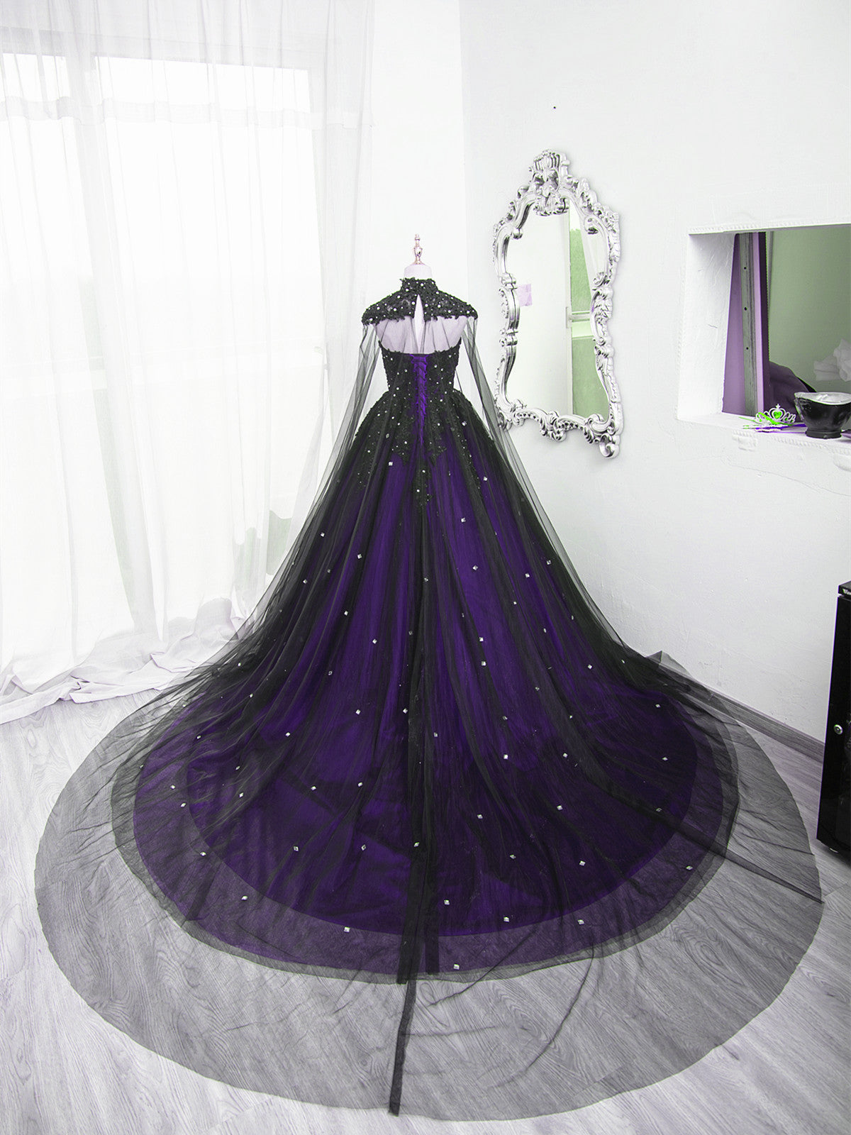 Black And Purple Beaded Tulle Ball Gowns Sweet 16 Dress, Black And Purple Prom Dresses With Cap Secondary image