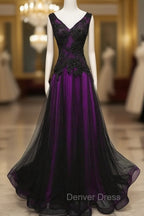 Black and Purple V-neckline A-line Prom Dresses, Tulle with Lace Party Dresses