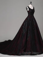 Black And Red Backless Tulle Long Formal Gown, Black And Red Long Prom Dresses