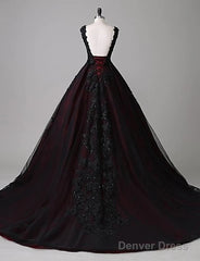 Black And Red Backless Tulle Long Formal Gown, Black And Red Long Prom Dress