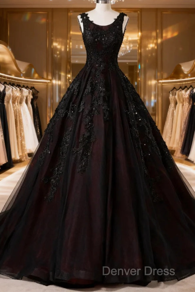 Black And Red Backless Tulle Long Formal Gown, Black And Red Long Prom Dresses
