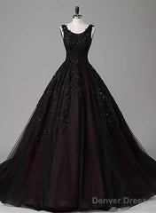 Black And Red Backless Tulle Long Formal Gown, Black And Red Long Prom Dress