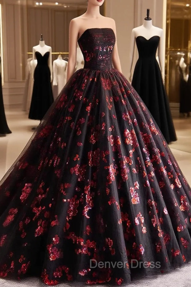 Black and Red Floral Tulle Long Party Dresses, Strapless Formal Sweet 16 Dresses Main image