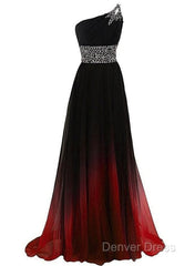 Black And Red Gradient Chiffon One Shoulder Beaded Party Dresses, Cute Junior Prom Dresses