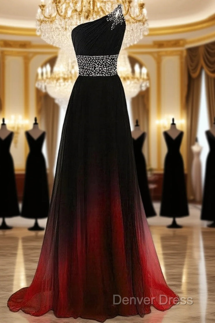 Black And Red Gradient Chiffon One Shoulder Beaded Party Dresses, Cute Junior Prom Dresses Main image