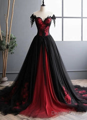 Black And Red Lace Tulle Off Shoulder Prom Dress, Black And Red Formal Dress