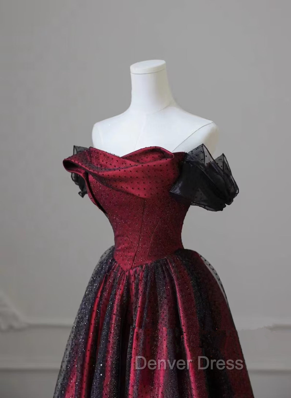 Black and Red Long Party Dresses, Off Shoulder Tulle A-line Prom Dresses Secondary image