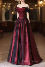 Black and Red Long Party Dresses, Off Shoulder Tulle A-line Prom Dresses