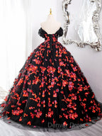 Black and Red Off Shoulder Floral Tulle Prom Dress, Floor Length Prom Dresses