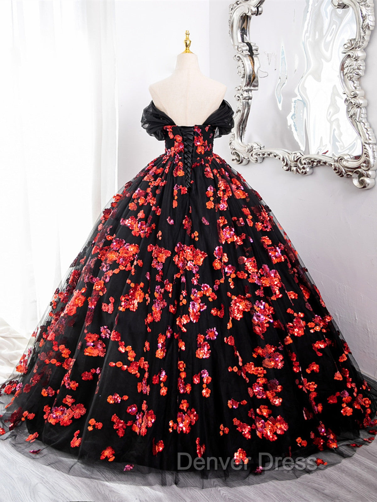 Black and Red Off Shoulder Floral Tulle Prom Dress, Floor Length Prom Dresses
