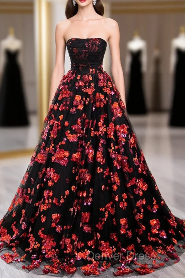 Black and Red Off Shoulder Floral Tulle Formal Dresses, Floor Length Party Dresses Main image