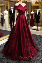 Black and Red Satin Off Shoulder Long Junior Prom Dresses, A-line Satin Party Dresses