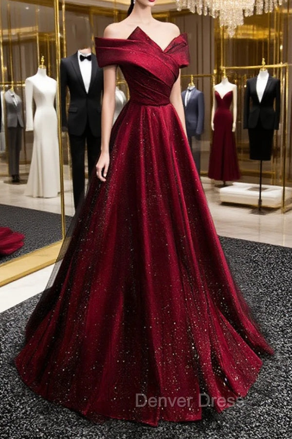 Black and Red Satin Off Shoulder Long Junior Prom Dress, A Line Satin Prom Dresses