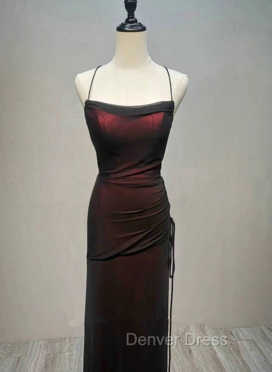 Black and Red Straps Long Simple Prom Dress, Black and Red Prom Dresses