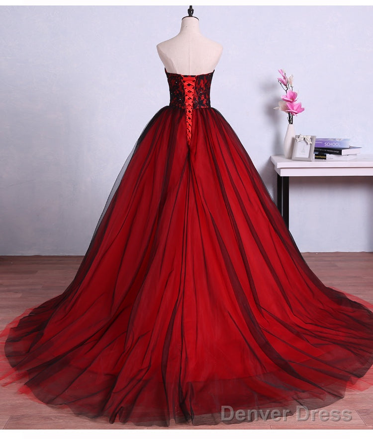 Black And Red Tulle Long Gorgeous Prom Gown, Pretty Prom Dresses, Lovely Prom Gown For 16 Birthday