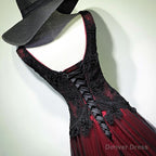 Black and Red Tulle V Neckline Beaded Lace Long Prom Dress,A Line Prom Dresses