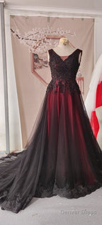 Black And Red Tulle V-Neckline Beaded Prom Dress, Black And Red Prom Dresses