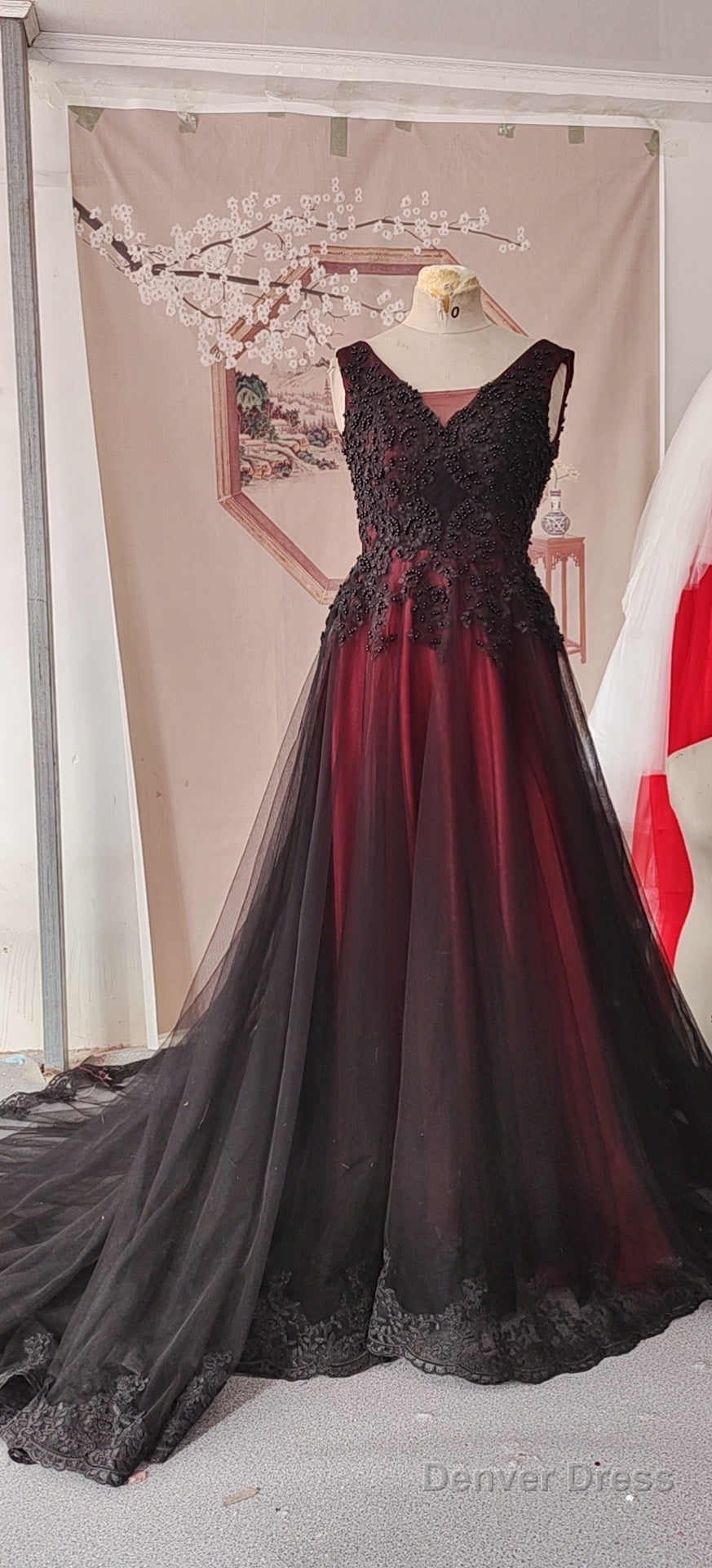 Black And Red Tulle V-Neckline Beaded Prom Dress, Black And Red Prom Dresses