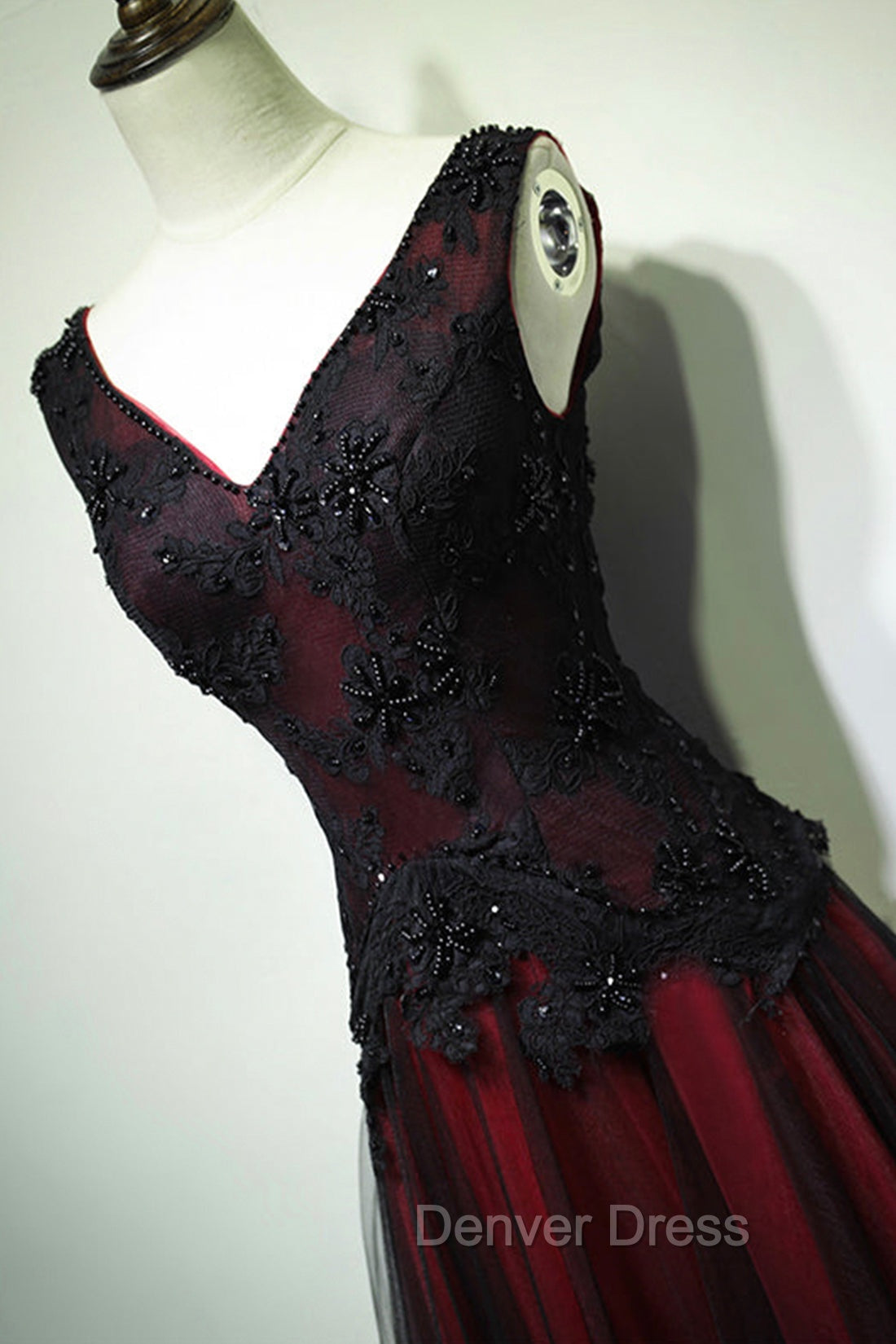 Black and Red V Neck Tulle Long Prom Dress, Lace Prom Dresses
