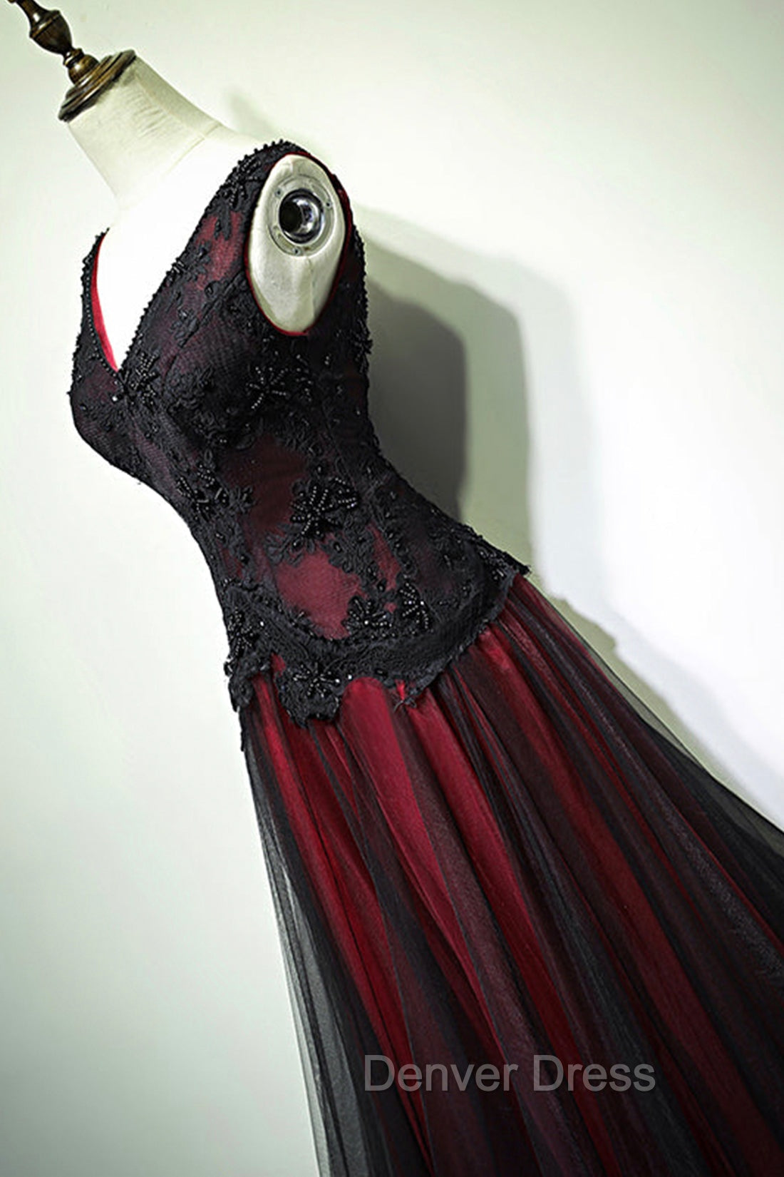 Black and Red V Neck Tulle Long Prom Dress, Lace Prom Dresses