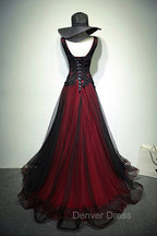Black and Red V Neck Tulle Long Prom Dress, Lace Prom Dresses