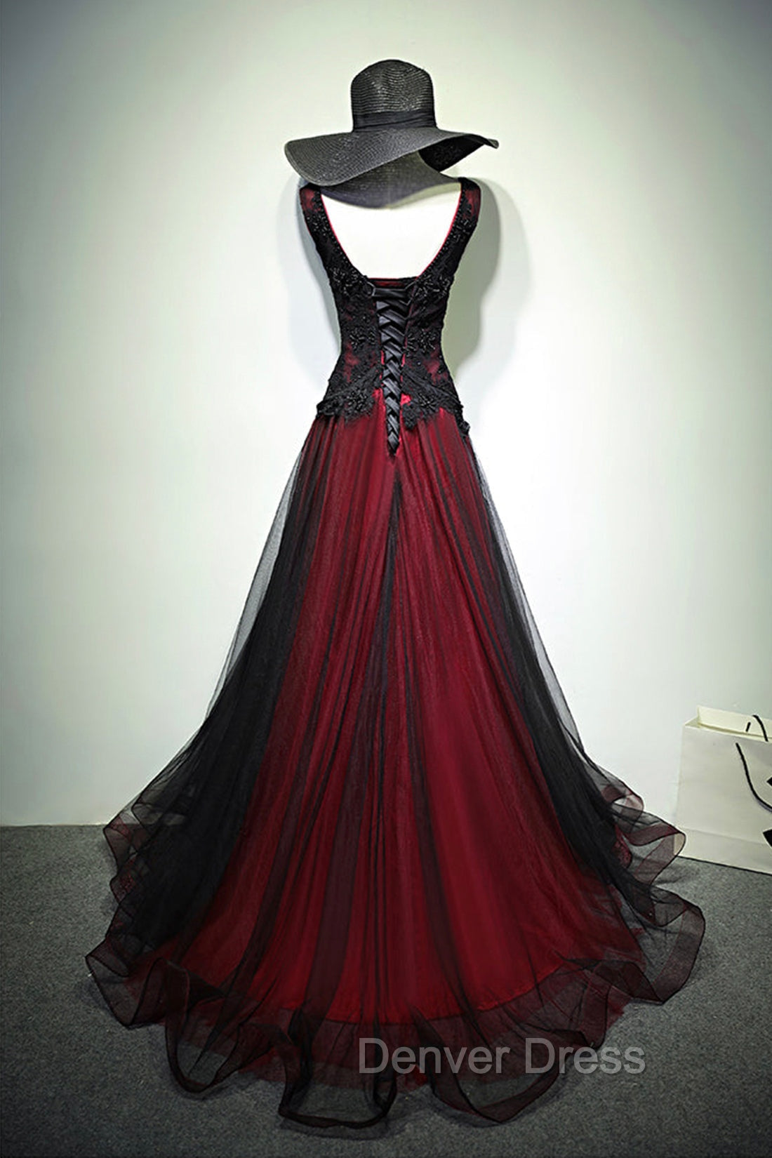 Black and Red V Neck Tulle Long Prom Dress, Lace Prom Dresses