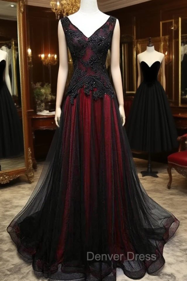 Black and Red V Neck Tulle Long Prom Dress, Lace Prom Dresses