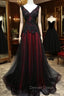Black and Red V Neck Tulle Long Prom Dress, Lace Prom Dresses