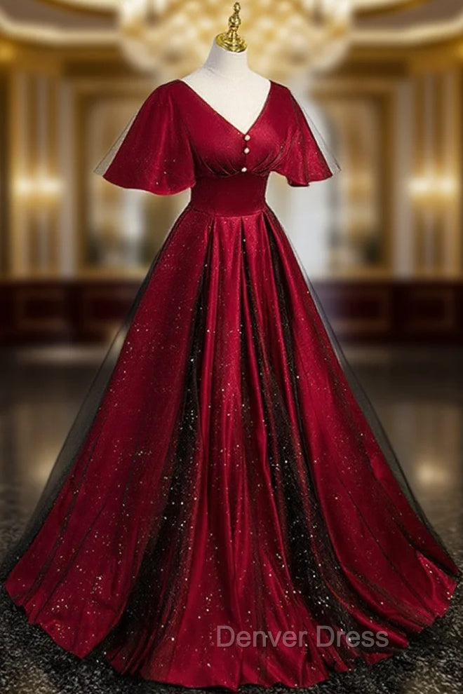 Black and Red V-neckline Long Satin Prom Dresses,Chic Long A-line Party Dresses Main image