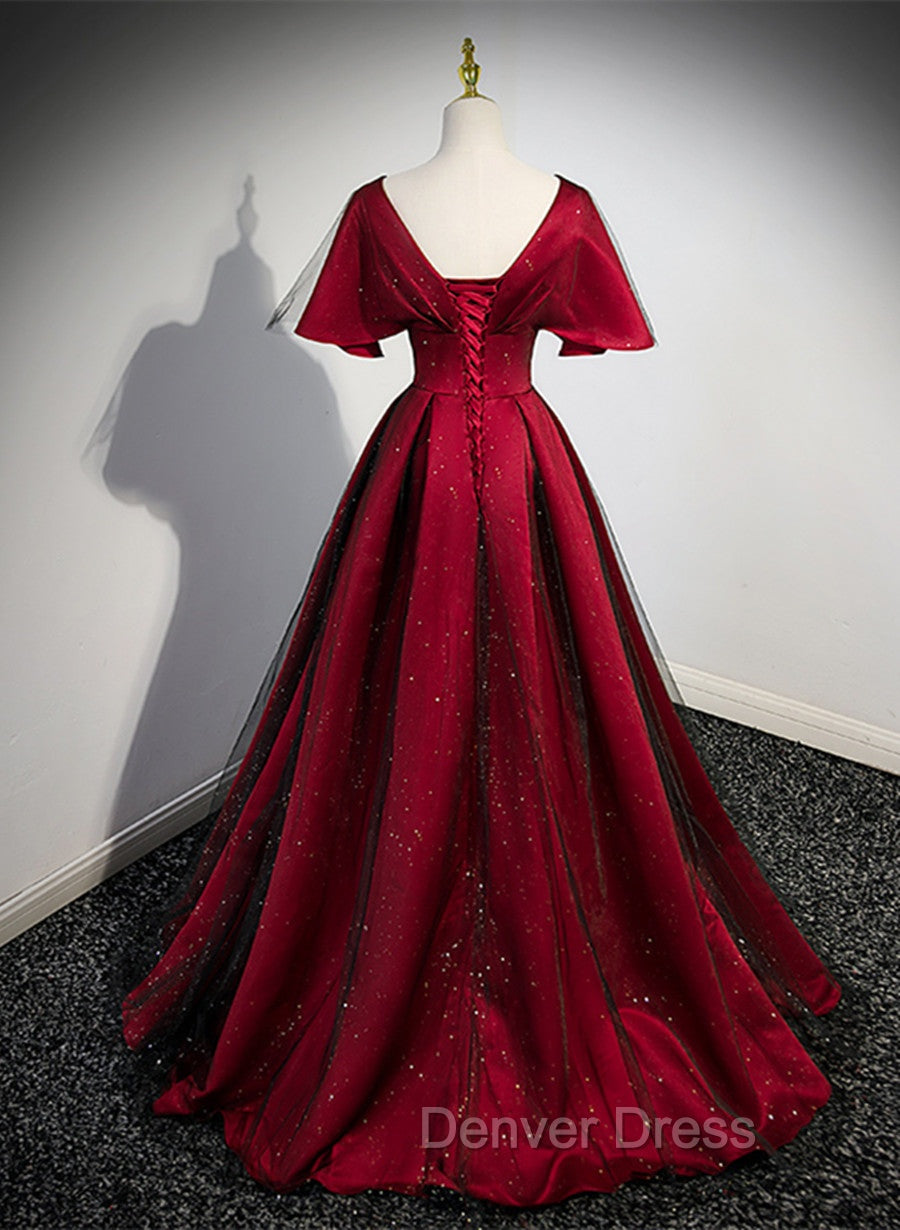 Black and Red V Neckline Long Satin Prom Dress,Chic Long A Line Prom Dresses