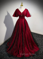 Black and Red V-neckline Long Satin Prom Dresses,Chic Long A-line Party Dresses