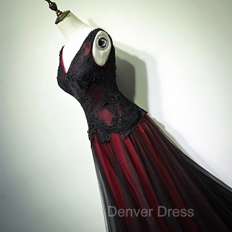 Black and Tulle V-neckline Beaded Lace Long Party Dresses, A-line Prom Dresses Evening Dresses