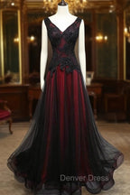 Black and Tulle V Neckline Beaded Lace Long Prom Dress, A Line Prom Dress
