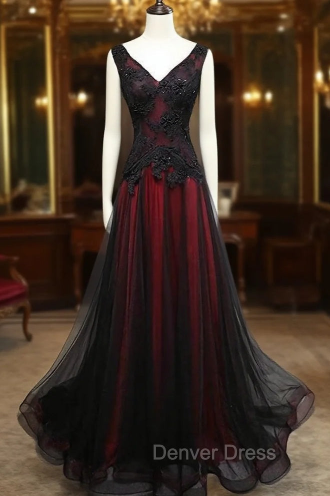Black and Tulle V Neckline Beaded Lace Long Prom Dress, A Line Prom Dress