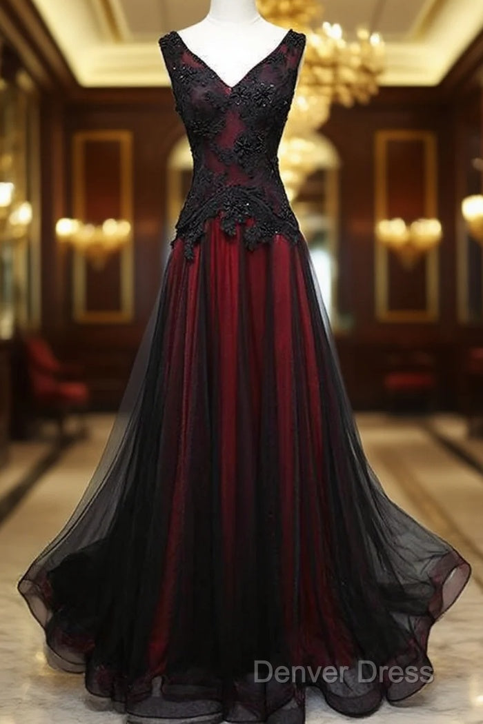 Black And Tulle V-Neckline Beaded Lace Long Party Dresses, A-Line Prom Dresses Evening Dressess Main image