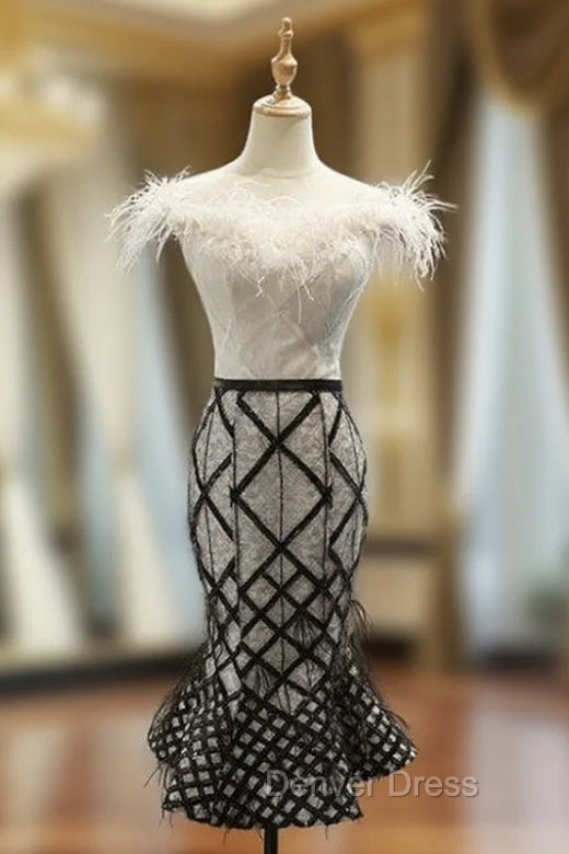 Black And White Mermaid Off the Shoulder Short Prom Dresses With Feather Main image