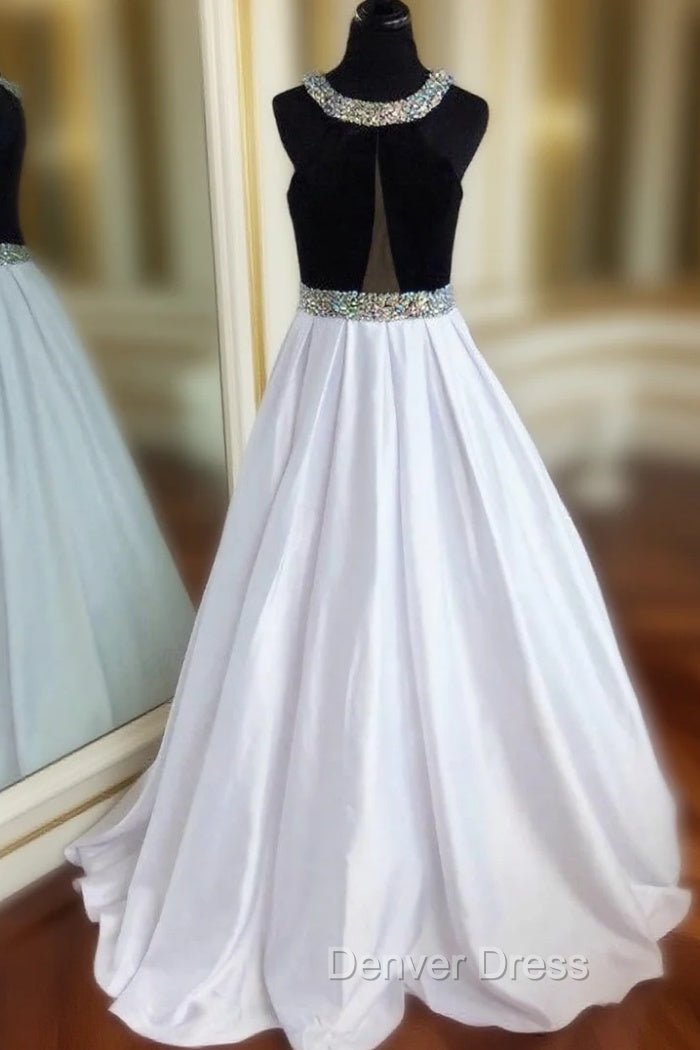 Black and White Satin Long Evening Dresses Prom Gowns with Crystals Main image