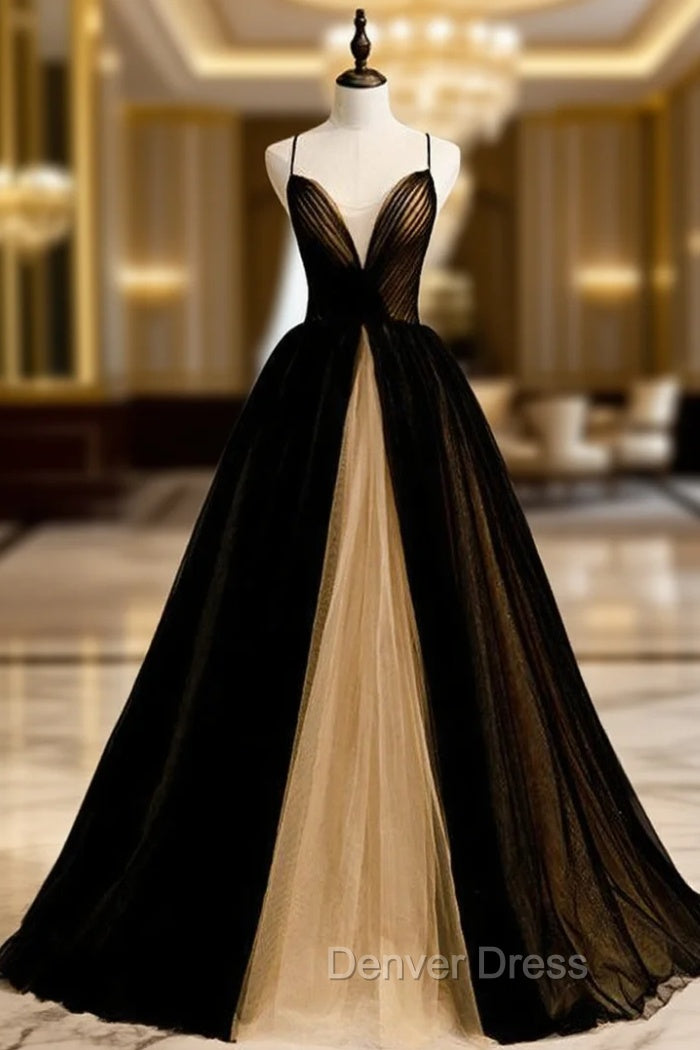 Black And Yellow Tulle Spagehtti Straps Pleats Prom Dresses