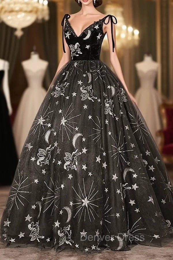 Black Ball Gown Floral V-neckline Straps Sweet 16 Dresses, Black Tulle Formal Dresses Secondary image