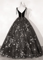 Black Ball Gown Floral V-neckline Straps Sweet 16 Dresses, Black Tulle Formal Dresses