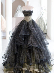 Black Ball Gown Long Prom Dresses, Black Evening Dresses