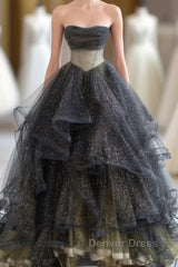 Black Ball Gown Long Prom Dresses, Black Evening Dresses