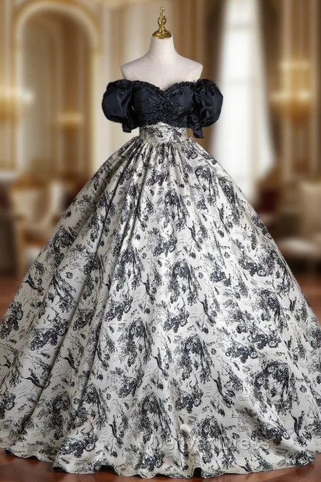 Black Ball Gown Print Puff Sleeve Pleats Quinceanera Dresses Main image