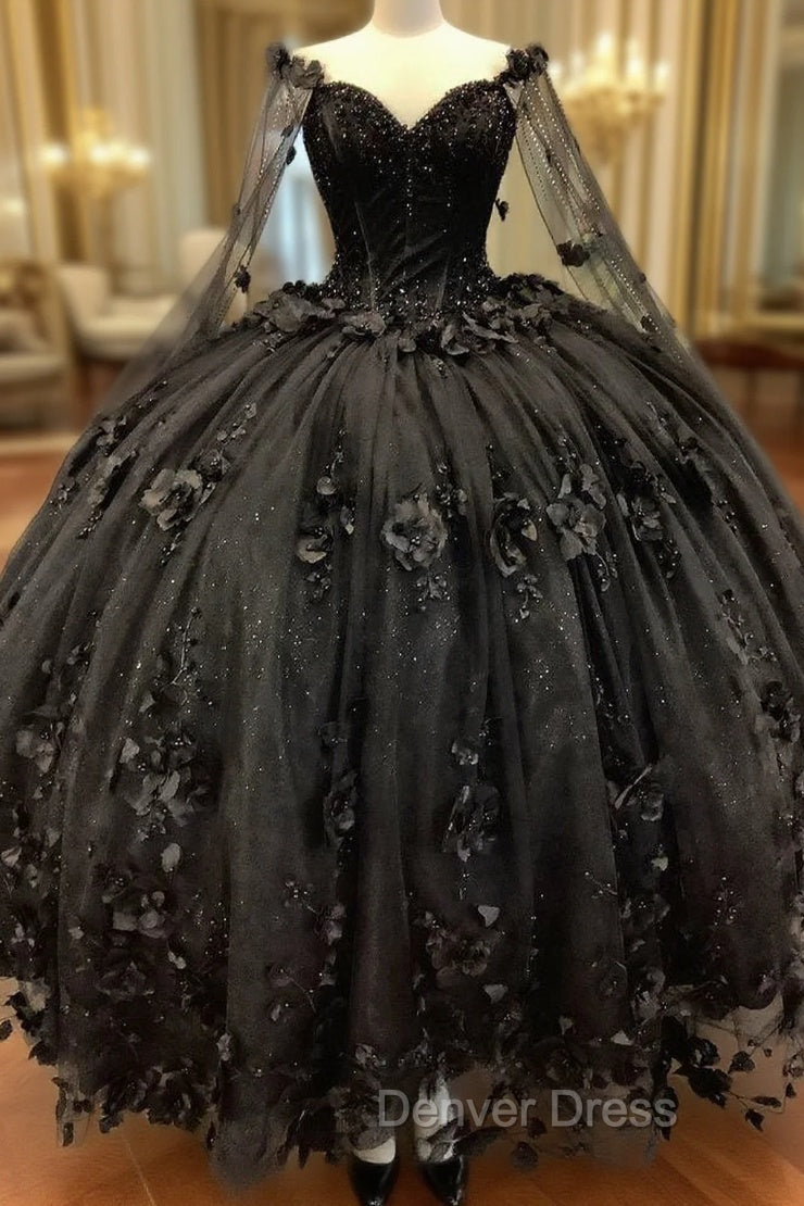 Black Ball Gown Quinceanera Dresses with Flowers Main image