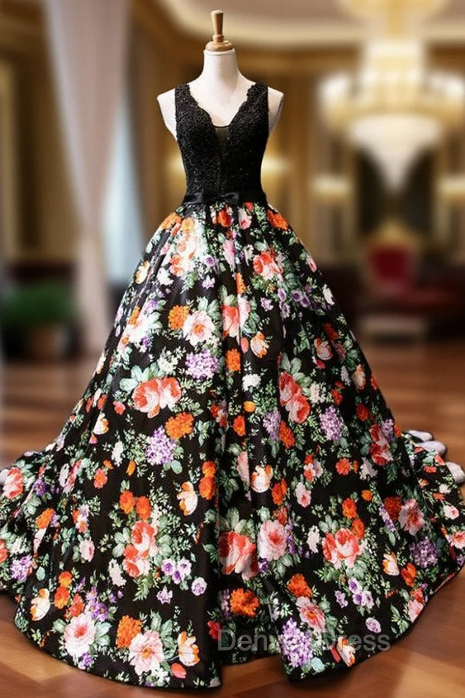 Black Ball Gown Satin Lace Print V-neck Prom Dresses With Beading Main image