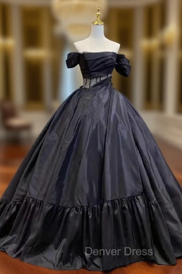 Black Ball Gown Satin Off the Shoulder Wedding Dresses