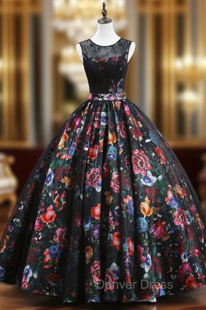 Black Ball Gown Satin Print Lace Backless Quinceanera Dresses Main image