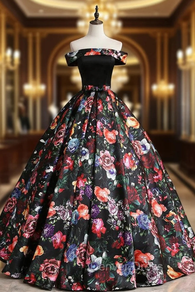 Black Ball Gown Satin Print Off the Shoulder Quinceanera Dresses